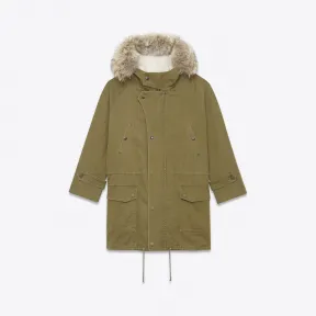 伊夫圣罗兰/Yves Saint laurent 卡其色棉和华达呢亚麻布、象牙色真皮和狼毛皮连帽大衣  415125Y035K2