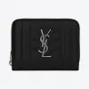 伊夫圣罗兰/Yves Saint laurent monogram黑色混合提花凸纹缝线装饰皮革短款拉链钱包 437470BRM0