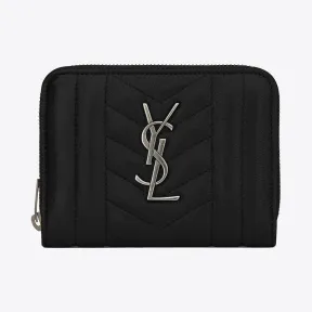 伊夫圣罗兰/Yves Saint laurent monogram黑色混合提花凸纹缝线装饰皮革短款拉链钱包 437470BRM0
