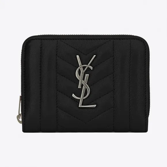 伊夫圣罗兰/Yves Saint laurent monogram黑色混合提花凸纹缝线装饰皮革短款拉链钱包 437470BRM0