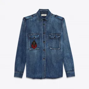 伊夫圣罗兰/Yves Saint laurent YSL中度复古蓝色牛仔布军旅拼接牛仔衬衫 469088Y880L4363