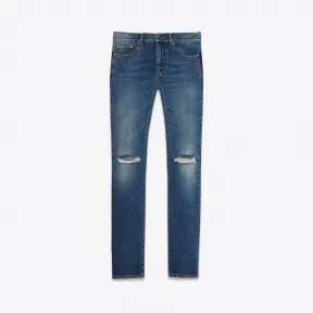 伊夫圣罗兰/Yves Saint laurent 复古蓝色低腰撕裂设计紧身牛仔裤 470023Y883L4068