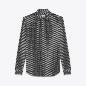 伊夫圣罗兰/Yves Saint laurent Y 领衬衫，黑色三叶草印花和灰色双绉纱 481867Y387R1184