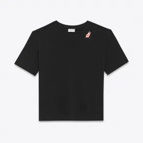 伊夫圣罗兰/Yves Saint laurent 黑色全棉汗布短袖“SLOW KISSING”唇形图案男友款T恤 482446Y