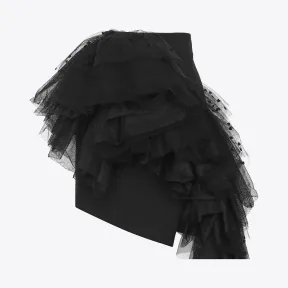 伊夫圣罗兰/Yves Saint laurent 黑色华达呢的不对称迷你裙，网眼荷叶边与心 487586Y239W1000