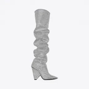 伊夫圣罗兰/Yves Saint laurent NIKI 105大腿靴，全刺绣白色水晶 4928040ET001000