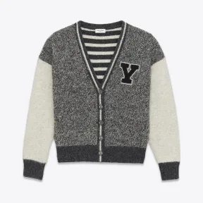 伊夫圣罗兰/Yves Saint laurent 斑灰米黄色羊毛棒球开衫，“Y”形拼接  494149Y1VN11302