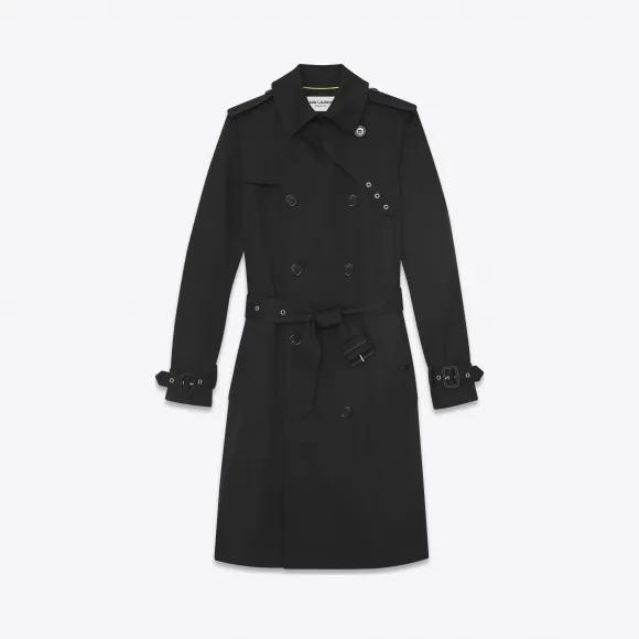 伊夫圣罗兰/Yves Saint laurent 黑色华达呢双排扣带腰带风衣 507530Y039W1000
