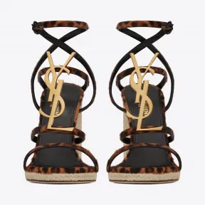 伊夫圣罗兰/Yves Saint laurent 豹纹小马效果皮革和金色字母组合的CASSANDRA坡跟帆布鞋 5789050TODD2094