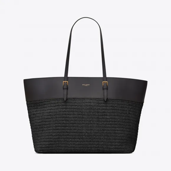 伊夫圣罗兰/Yves Saint laurent 女士 BOUCLE中号e/w拉菲草和光滑皮革购物包 6089629OB8J1000