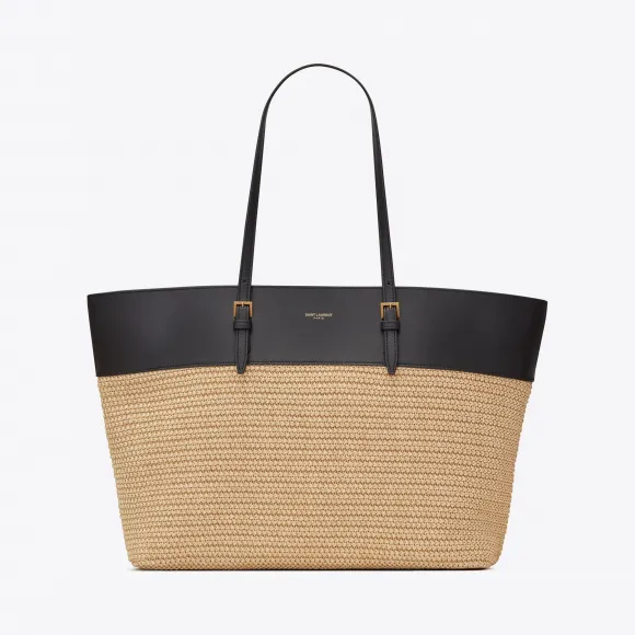 伊夫圣罗兰/Yves Saint laurent 女士 BOUCLE中号e/w拉菲草和光滑皮革购物包 6089629OB8J2074