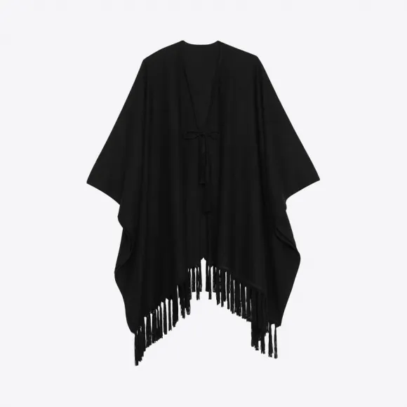 伊夫圣罗兰/Yves Saint laurent 羊绒和皮革流苏斗篷 6130603YB351000