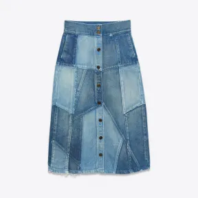 伊夫圣罗兰/Yves Saint laurent 长款复古靛蓝色斜纹拼接半身裙