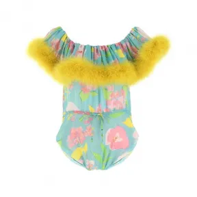 伊夫圣罗兰/Yves Saint laurent 色 Poppy 羽毛边饰真丝连体紧身衣 659923Y6C094366