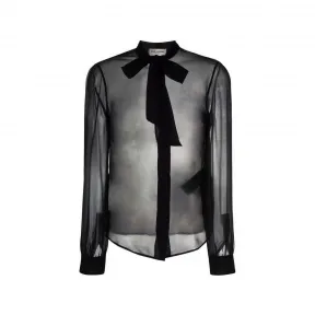 伊夫圣罗兰/Yves Saint laurent 黑色 Ravilleraneck 真丝透视罩衫 660892Y115W1000