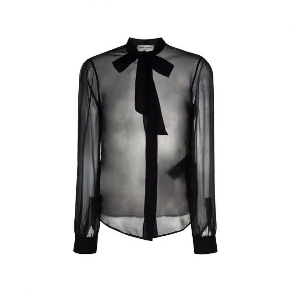 伊夫圣罗兰/Yves Saint laurent 黑色 Ravilleraneck 真丝透视罩衫 660892Y115W1000