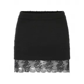 伊夫圣罗兰/Yves Saint laurent 黑色 黑色蕾丝下摆羊毛半身裙 672223Y3C821000