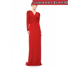  钉珠装饰V领长袖长裙 ALG15066LH-FLAME