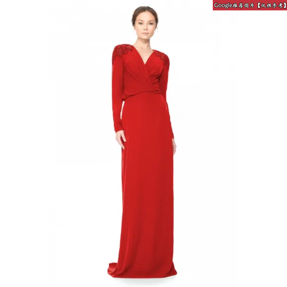  钉珠装饰V领长袖长裙 ALG15066LH-FLAME