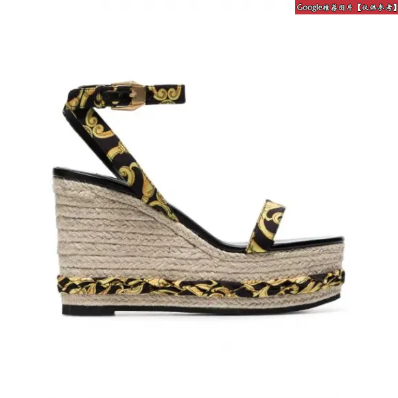 范思哲/Versace Gold Hibiscus印花Sash坡跟鞋 DSR828P-D2TS_D4DT