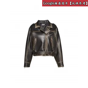 缪缪/Miu 复古皮革机车夹克 MPV712-1RU0-F0002