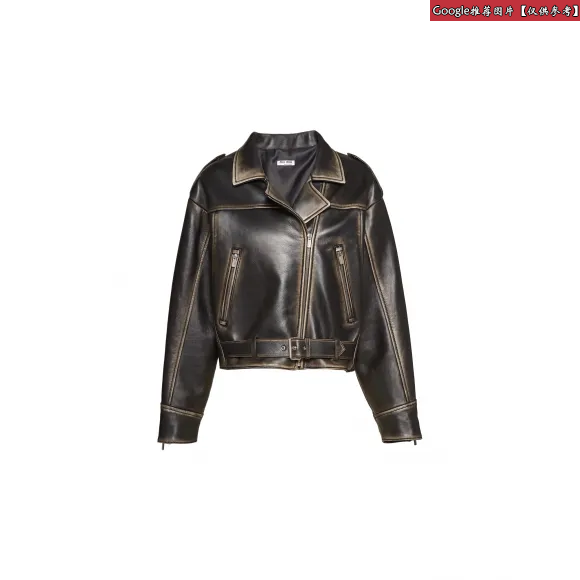 缪缪/Miu 复古皮革机车夹克 MPV712-1RU0-F0002