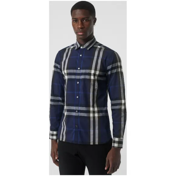 博百利/Burberry 男士 格纹弹力棉衬衫 (靛蓝) - 男士  40234821