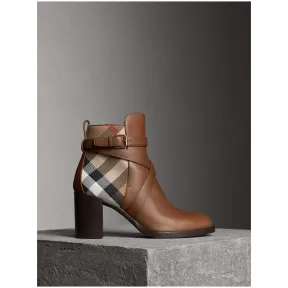博百利/Burberry 女士 House 格纹拼皮革及踝靴 (亮驼色) 40364831