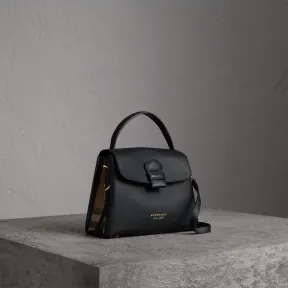 博百利/Burberry 女士 小号粒纹皮革拼 House 格纹托特包 (黑色) 40611711