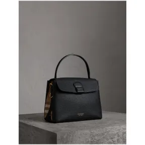 博百利/Burberry 女士 中号粒纹皮革拼 House 格纹托特包 (黑色) 40611741