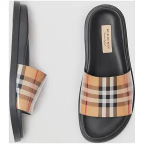 博百利/Burberry 女士 Vintage 格纹拼皮革拖鞋 (古典黄) 40724531