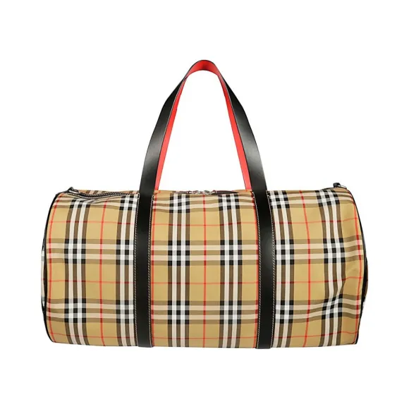 博百利/Burberry 男士 大号 Vintage 格纹拼皮革圆筒旅行袋 (军红色) - 男士  40742791