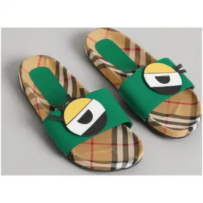 博百利/Burberry  眼睛嵌花 Vintage 格纹拼皮革拖鞋 (亮颜料绿)  40760161