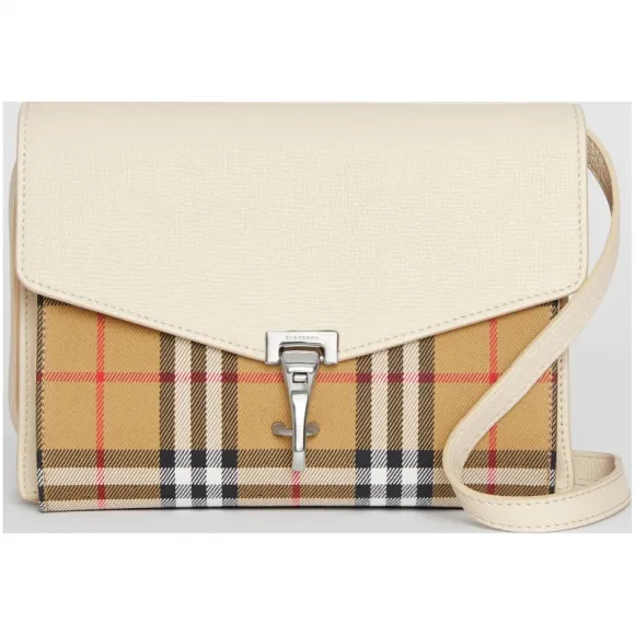 博百利/Burberry 女士 小号 Vintage 格纹拼皮革斜背包 (石灰岩色) 40800761