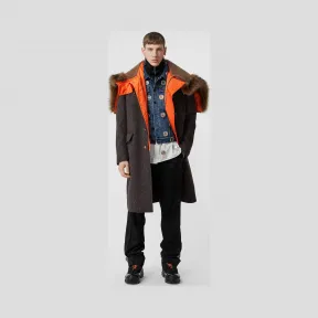 博百利/Burberry 男士 可拆式连帽人字纹羊毛量裁大衣 (棕色) 45583151