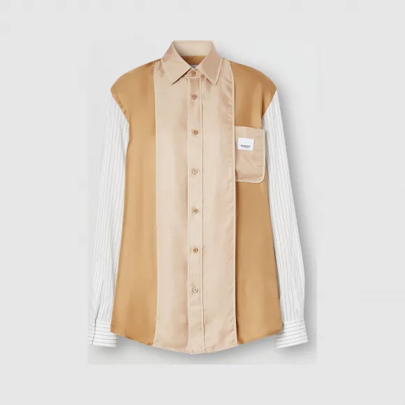 博百利/Burberry 女士 徽标嵌花细条纹衣袖丝质衬衫  45669401