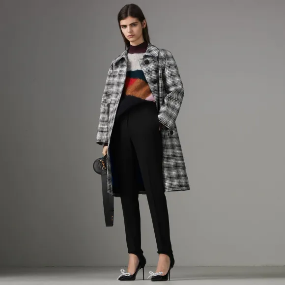 博百利/Burberry 女士 格纹羊毛量裁大衣 (黑色 / 白色) 80016401
