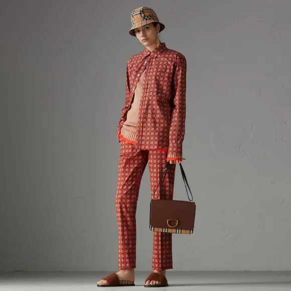 博百利/Burberry 女士 典藏砖式印花弹力棉质吸烟裤 (橘红色) 80025851