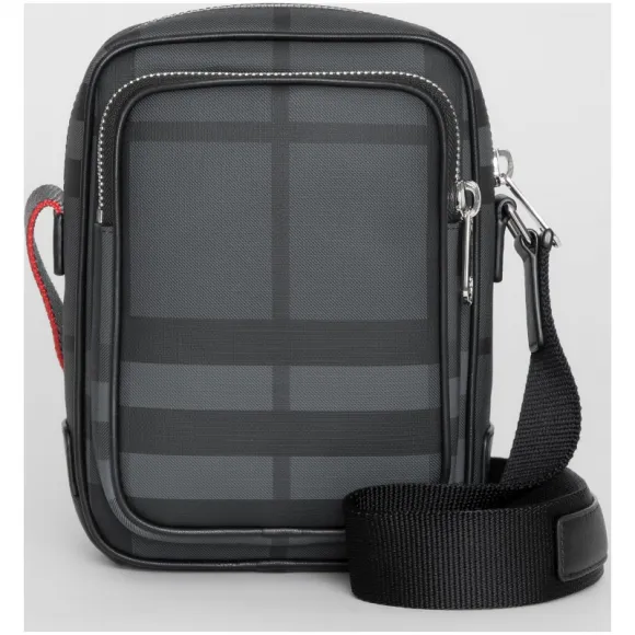 博百利/Burberry 男士 小号 London 格纹斜背包 (炭灰色 / 黑色) - 男士  80046681