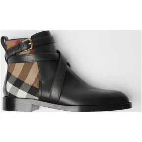 博百利/Burberry 女士 House 格纹拼皮革及踝靴 (黑色) 80048671
