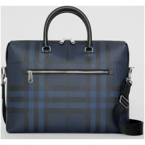 博百利/Burberry 男士 London 格纹拼皮革公文包 (海军蓝 / 黑色) - 男士  80051591