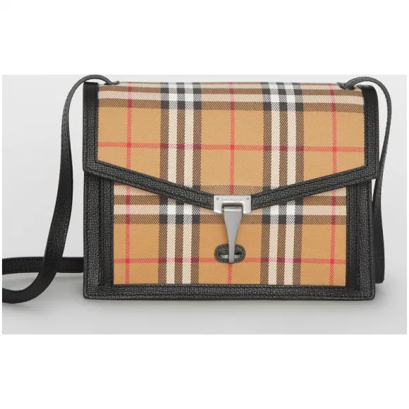 博百利/Burberry 女士 小号 Vintage 格纹拼皮革斜背包 (黑色) 80063591