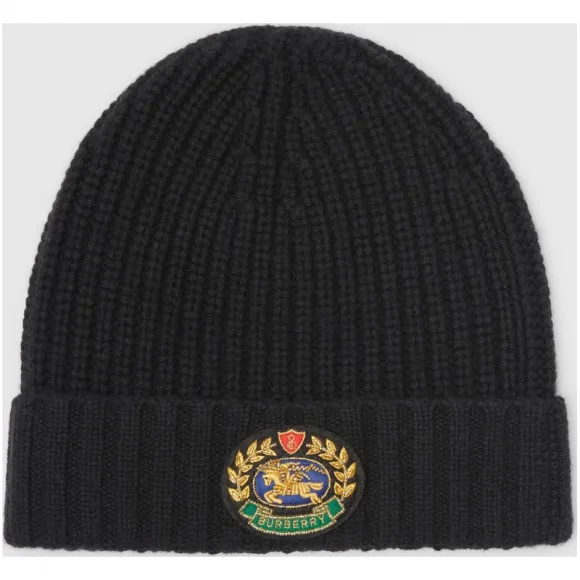 博百利/Burberry 女士 绣章罗纹羊毛混纺针织帽 (黑色)  80077001