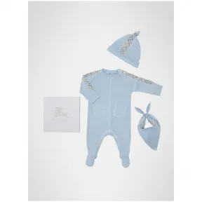 博百利/Burberry 儿童用品 格纹棉质三件套婴儿礼品套装 (浅碳蓝色) - 童装  80079201