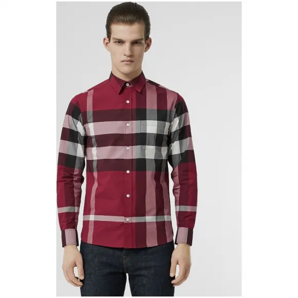 博百利/Burberry 男士 格纹弹力棉衬衫 (梅李粉红) - 男士  80084501