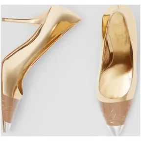 博百利/Burberry 女士 带饰反光皮革高跟鞋 (金色 / 银色) 80133691