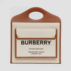 博百利/Burberry 女士 中号双色帆布拼皮革口袋包 (自然色 / 麦芽棕) 80146181