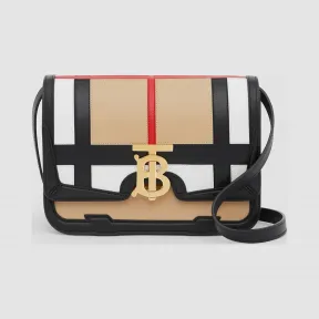 博百利/Burberry TB 小号格纹嵌花专属标识皮革锁扣包 (黑色) - 女士  80210141