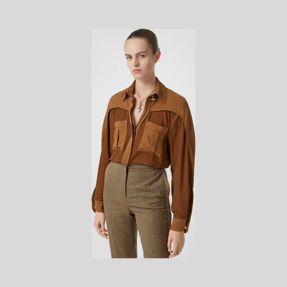 博百利/Burberry 披肩袖双色丝质衬衫 (红褐色) - 女士  80241101