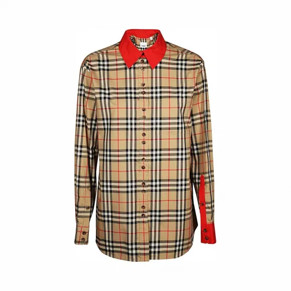 博百利/Burberry Vintage 格纹对比装饰弹力棉质衬衫 (典藏米色) - 女士  80242511